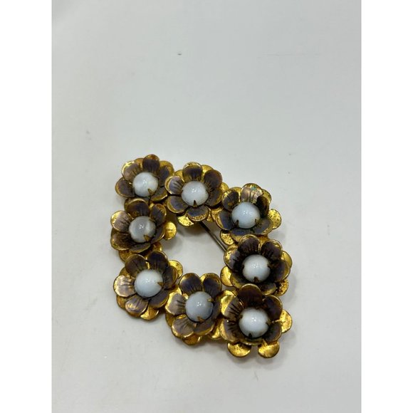 Vintage Flowers Brooch Blue Moonstone Glass Cabochons Brass Tone Older Pin - Picture 6 of 8